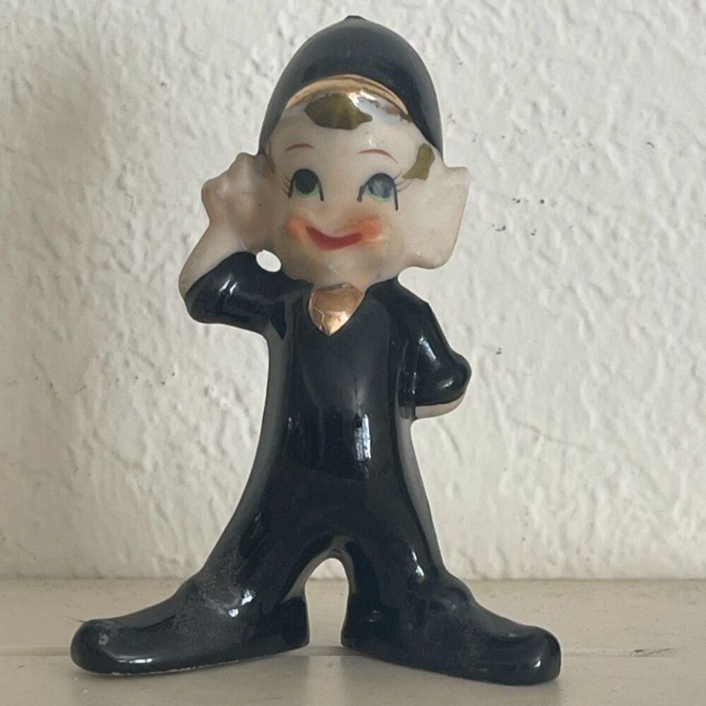 Vintage Pixie Elf Figurine Black Mid Century 1950s Japan Ceramic Miniature 3.5"